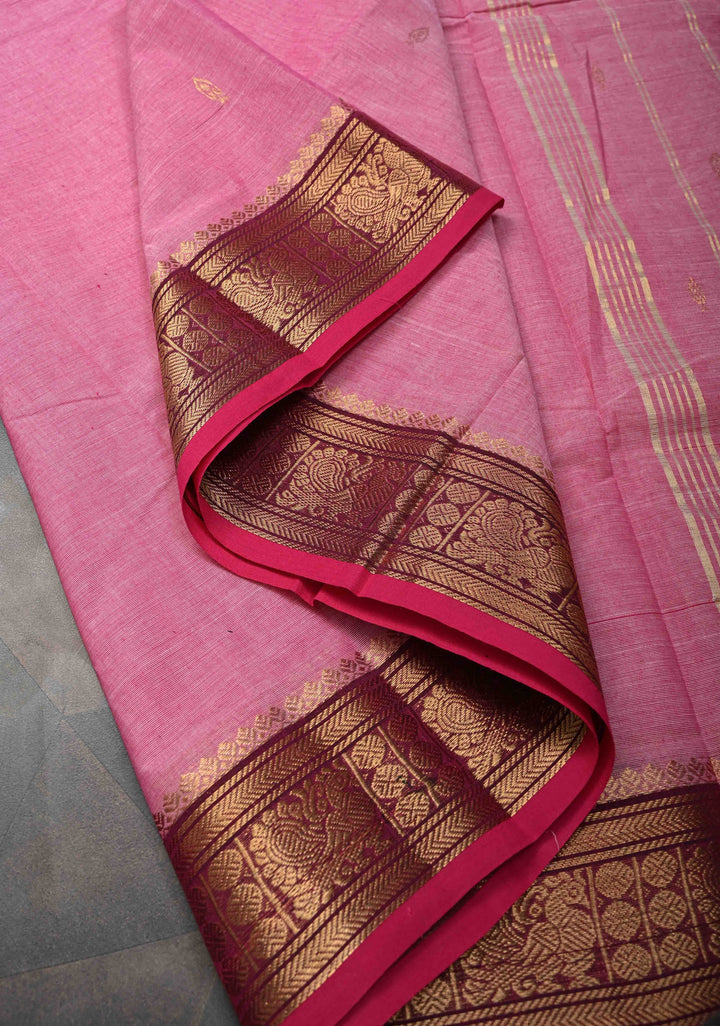 Rose Pink Kanchi Cotton Saree with Zari Buttas and Contrast Zari Border, No Blouse piece