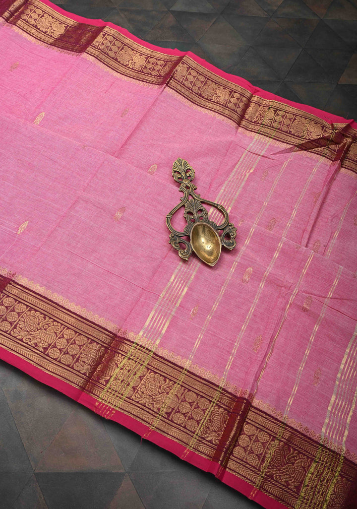 Rose Pink Kanchi Cotton Saree with Zari Buttas and Contrast Zari Border, No Blouse piece