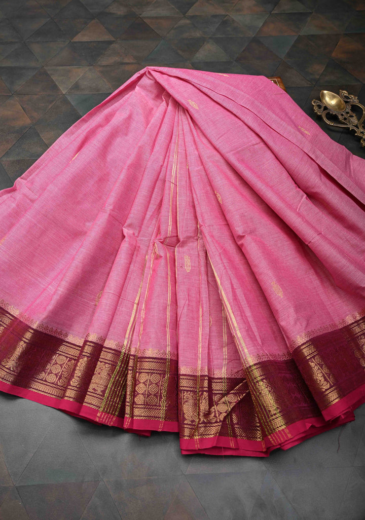 Rose Pink Kanchi Cotton Saree with Zari Buttas and Contrast Zari Border, No Blouse piece