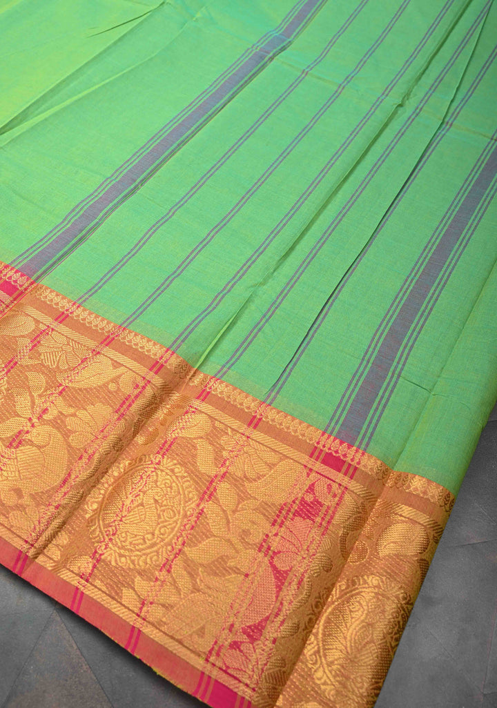 Neon Green Kanchi Cotton Saree with Contrast Zari Border | No Blouse piece
