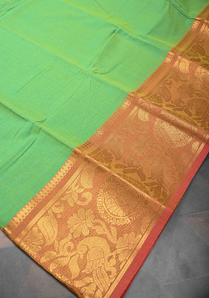 Neon Green Kanchi Cotton Saree with Contrast Zari Border | No Blouse piece