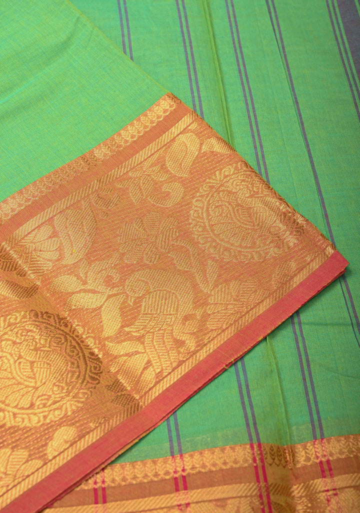 Neon Green Kanchi Cotton Saree with Contrast Zari Border | No Blouse piece