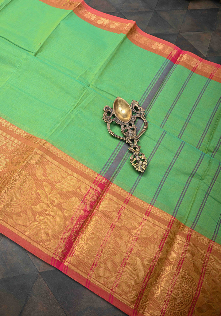 Neon Green Kanchi Cotton Saree with Contrast Zari Border | No Blouse piece
