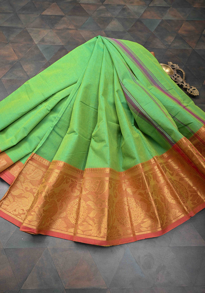 Neon Green Kanchi Cotton Saree with Contrast Zari Border | No Blouse piece