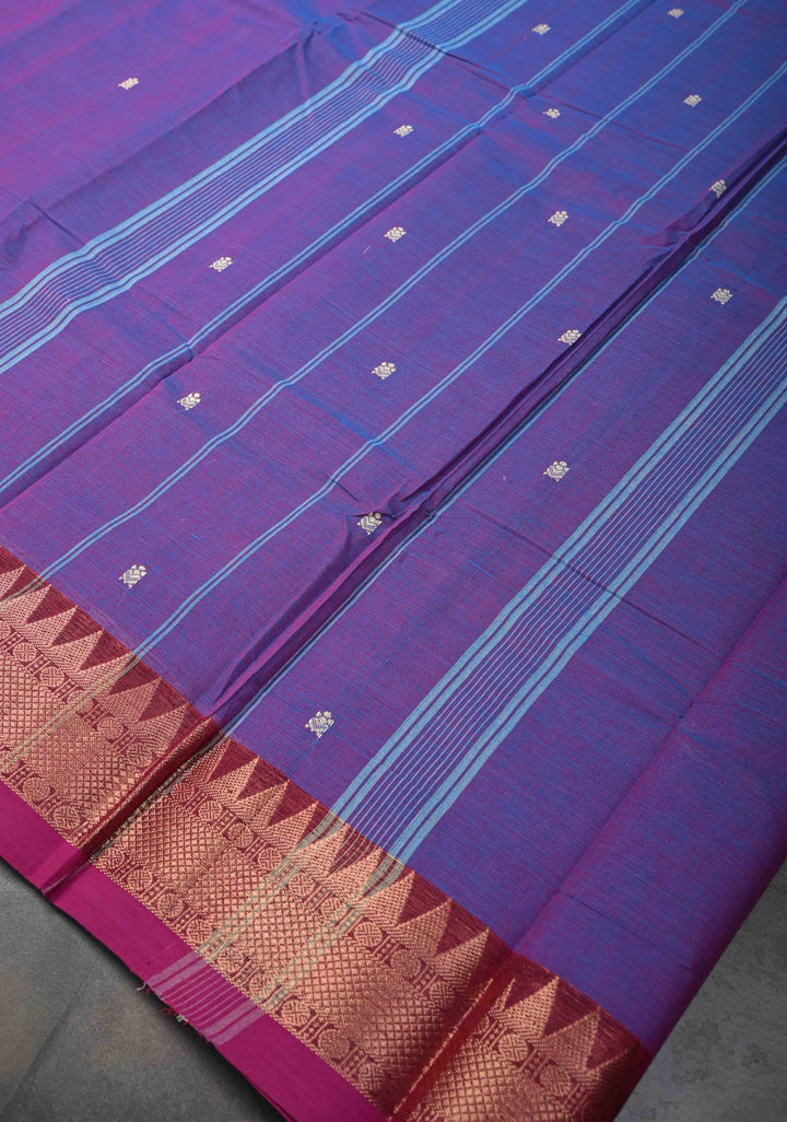 Purple Kanchi Cotton Saree with Zari Buttas And Contrast Zari Border | No Blouse piece