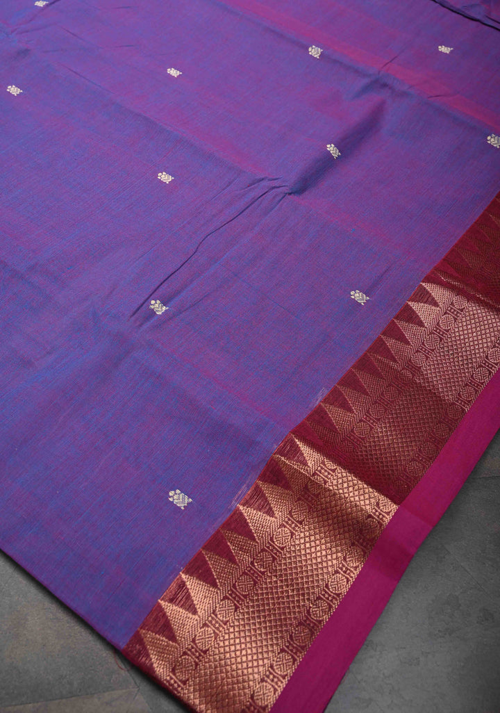 Purple Kanchi Cotton Saree with Zari Buttas And Contrast Zari Border | No Blouse piece