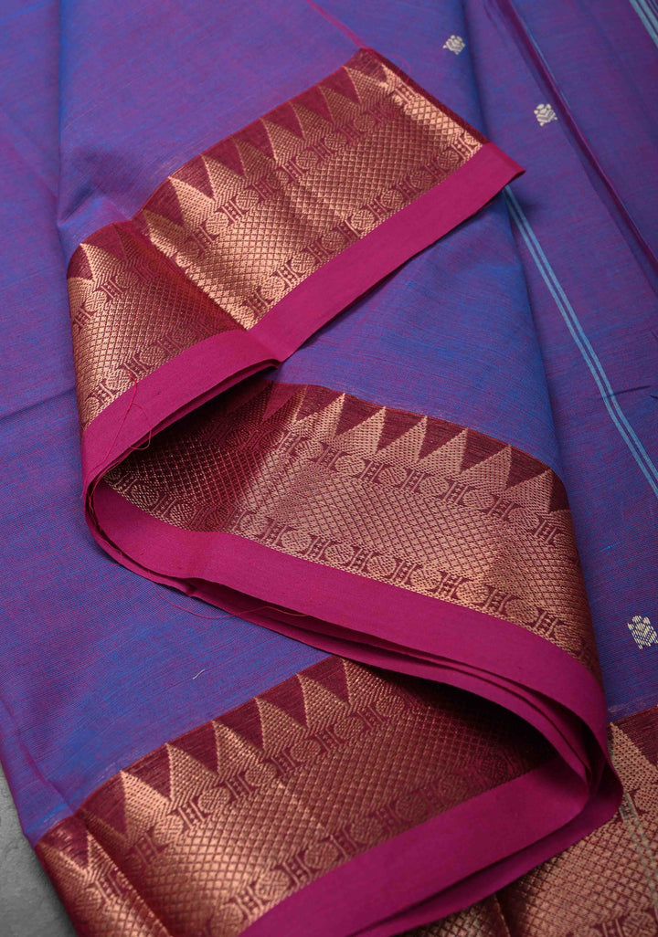 Purple Kanchi Cotton Saree with Zari Buttas And Contrast Zari Border | No Blouse piece