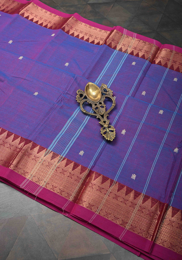 Purple Kanchi Cotton Saree with Zari Buttas And Contrast Zari Border | No Blouse piece