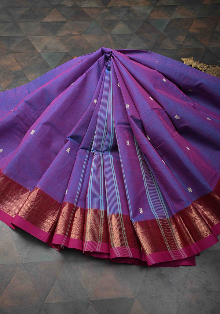 Purple Kanchi Cotton Saree with Zari Buttas And Contrast Zari Border | No Blouse piece