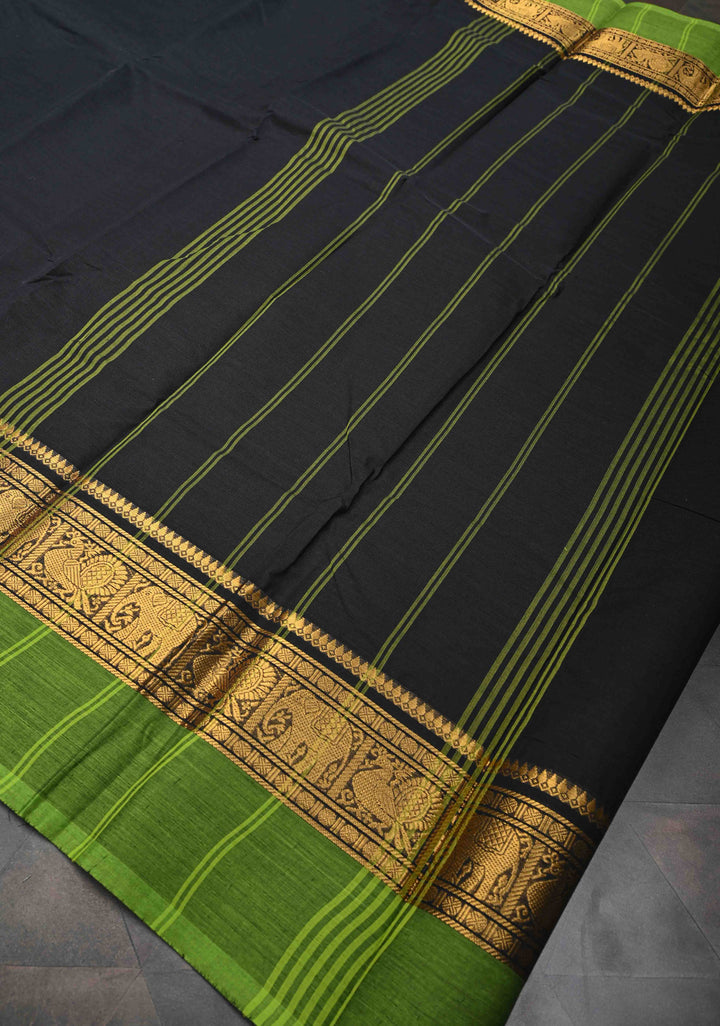 Black Kanchi Cotton Saree with Contrast Zari Border | No Blouse piece