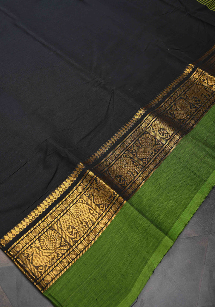 Black Kanchi Cotton Saree with Contrast Zari Border | No Blouse piece