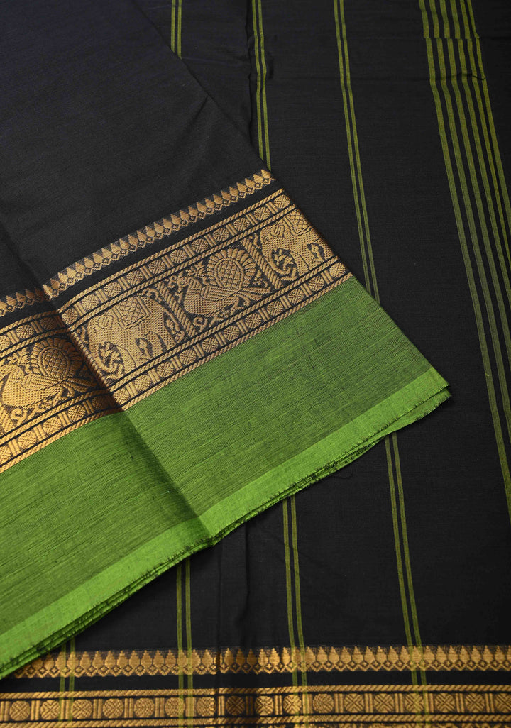 Black Kanchi Cotton Saree with Contrast Zari Border | No Blouse piece