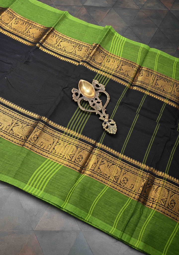 Black Kanchi Cotton Saree with Contrast Zari Border | No Blouse piece
