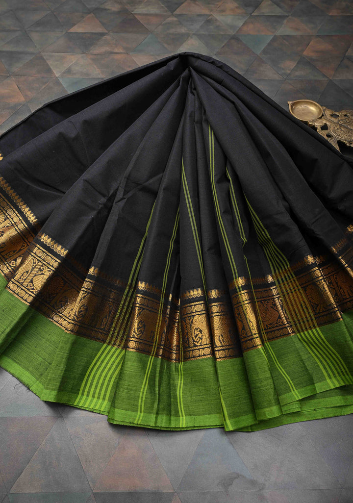 Black Kanchi Cotton Saree with Contrast Zari Border | No Blouse piece
