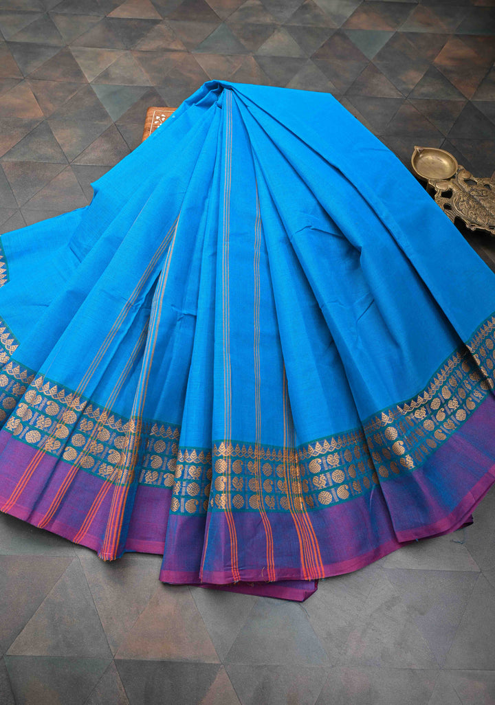 Pacific Blue Kanchi Cotton Saree with Contrast Border | No Blouse piece