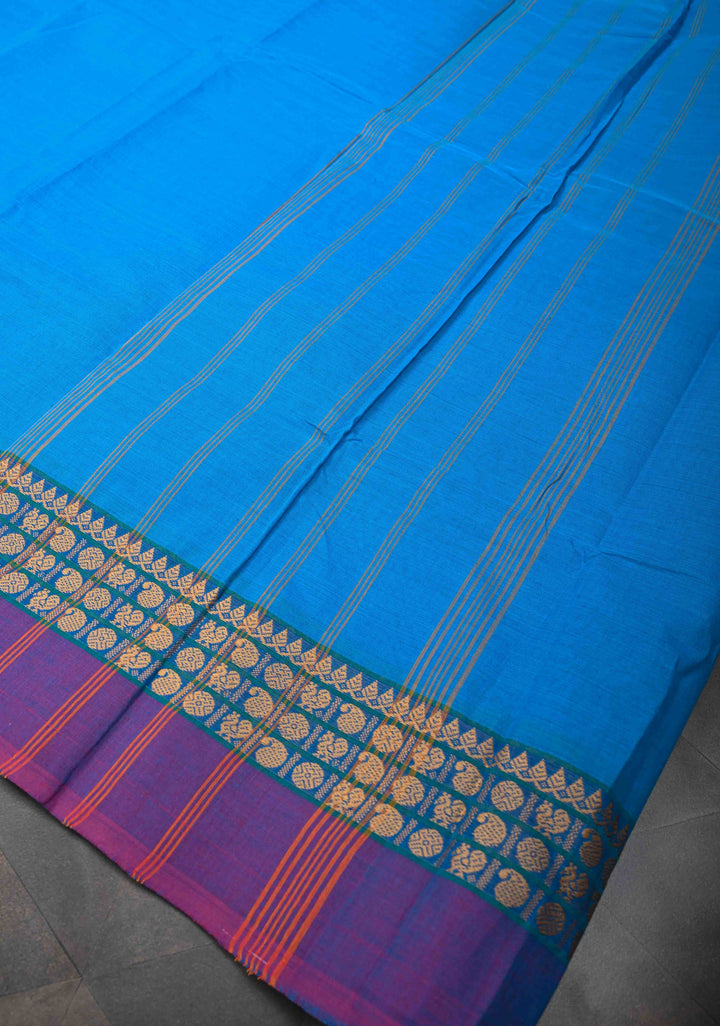 Pacific Blue Kanchi Cotton Saree with Contrast Border | No Blouse piece