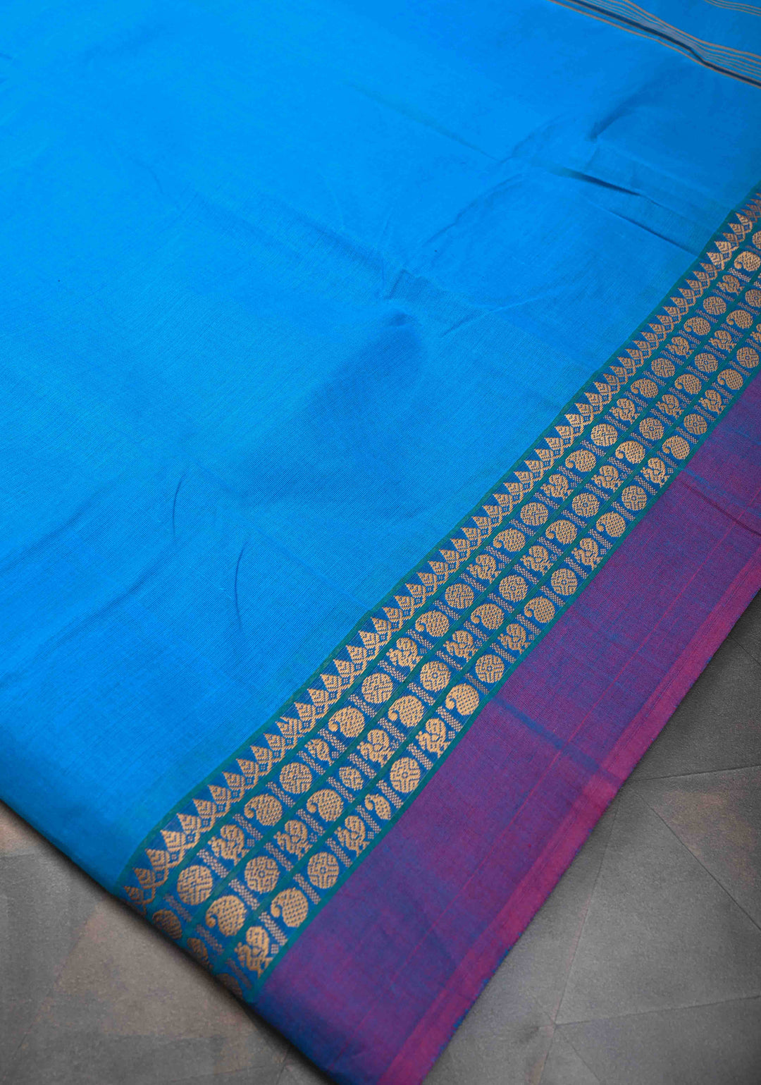 Pacific Blue Kanchi Cotton Saree with Contrast Border | No Blouse piece