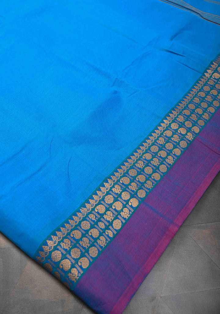 Pacific Blue Kanchi Cotton Saree with Contrast Border | No Blouse piece