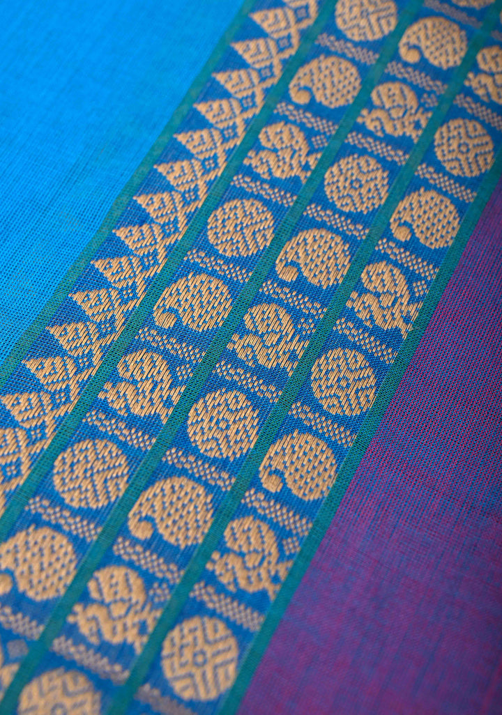 Pacific Blue Kanchi Cotton Saree with Contrast Border | No Blouse piece