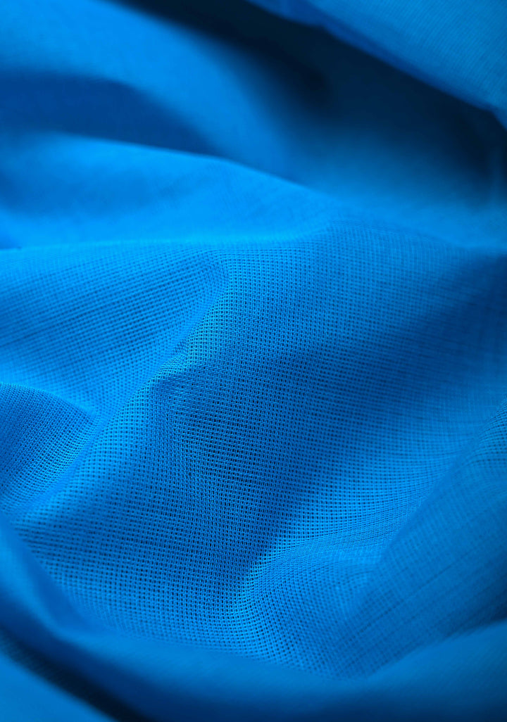 Pacific Blue Kanchi Cotton Saree with Contrast Border | No Blouse piece