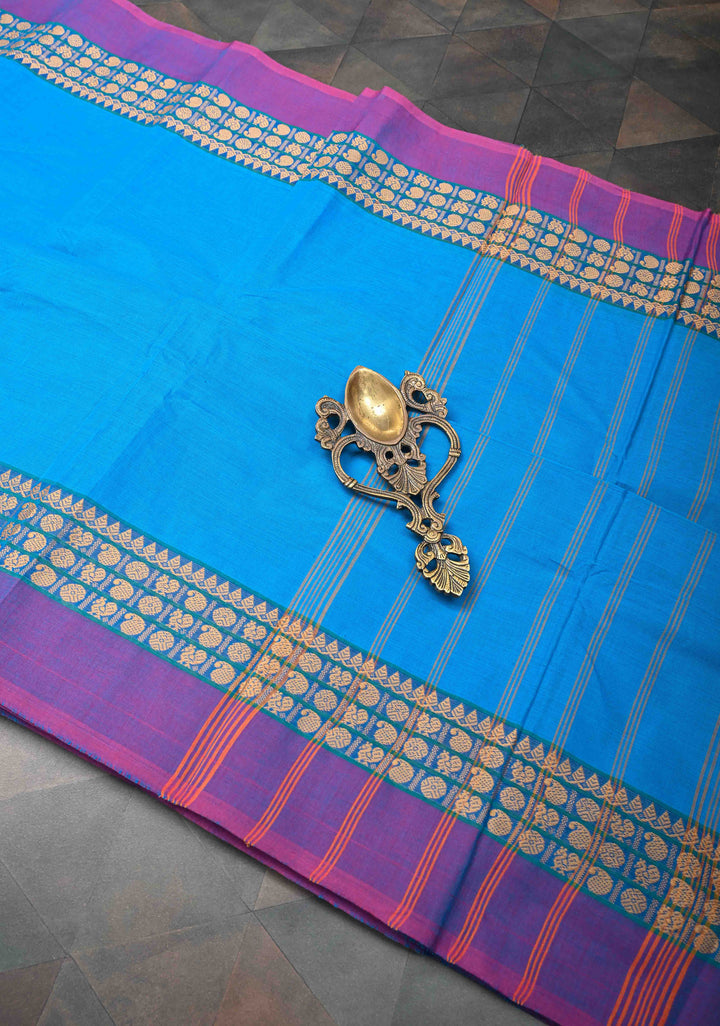 Pacific Blue Kanchi Cotton Saree with Contrast Border | No Blouse piece