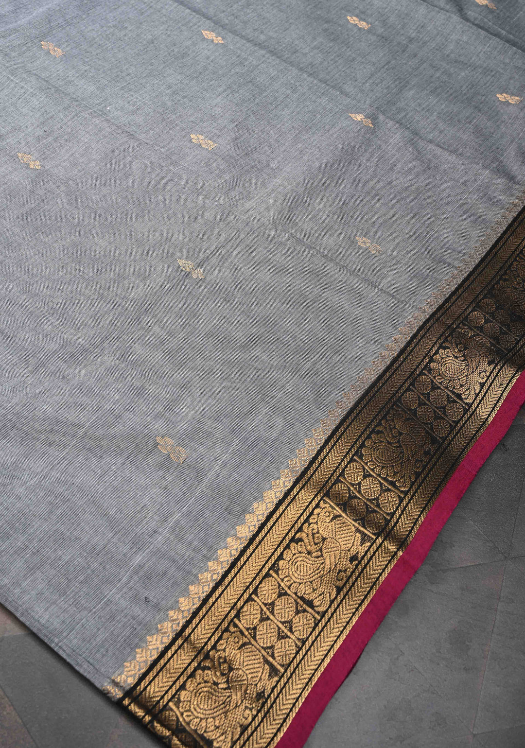 Gray Kanchi Cotton Saree with Zari Buttas And Contrast Zari Border | No Blouse piece
