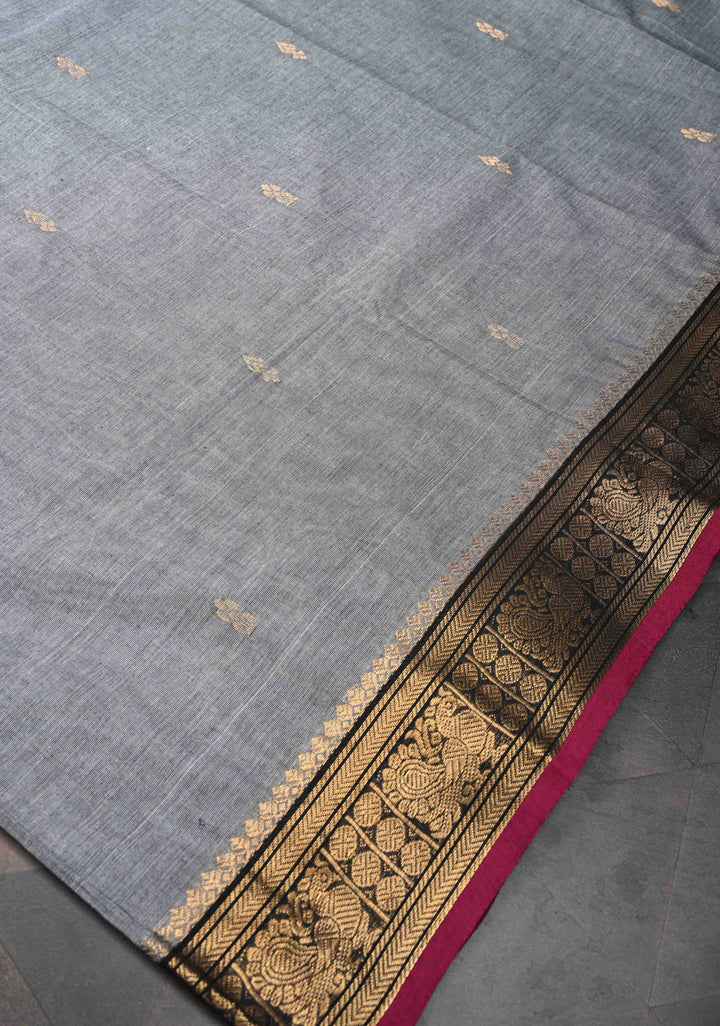 Gray Kanchi Cotton Saree with Zari Buttas And Contrast Zari Border | No Blouse piece