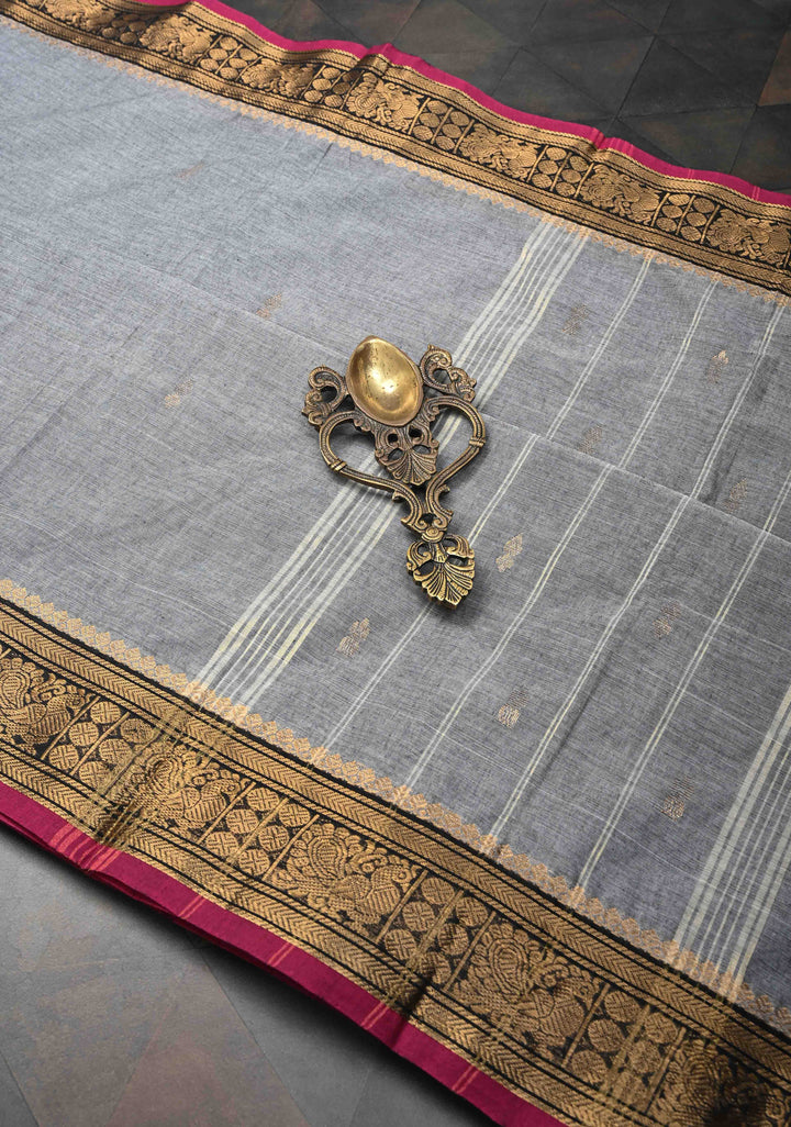 Gray Kanchi Cotton Saree with Zari Buttas And Contrast Zari Border | No Blouse piece