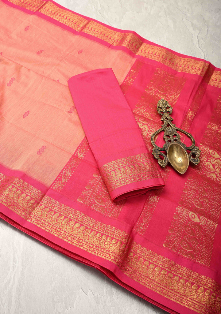 Pink Kanchi Cotton Saree with resham butta and zari border