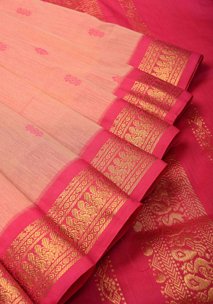 Pink Kanchi Cotton Saree with resham butta and zari border