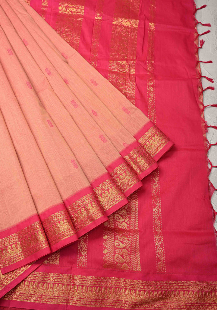 Pink Kanchi Cotton Saree with resham butta and zari border