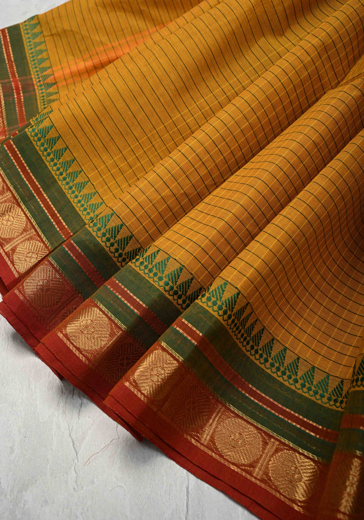 Mustard Kanchi Cotton Saree with Checks Pattern and Zari Border, No Blouse piece