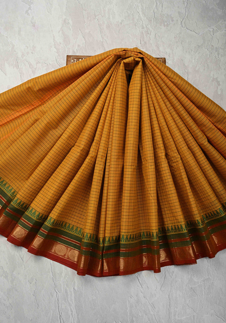 Mustard Kanchi Cotton Saree with Checks Pattern and Zari Border, No Blouse piece