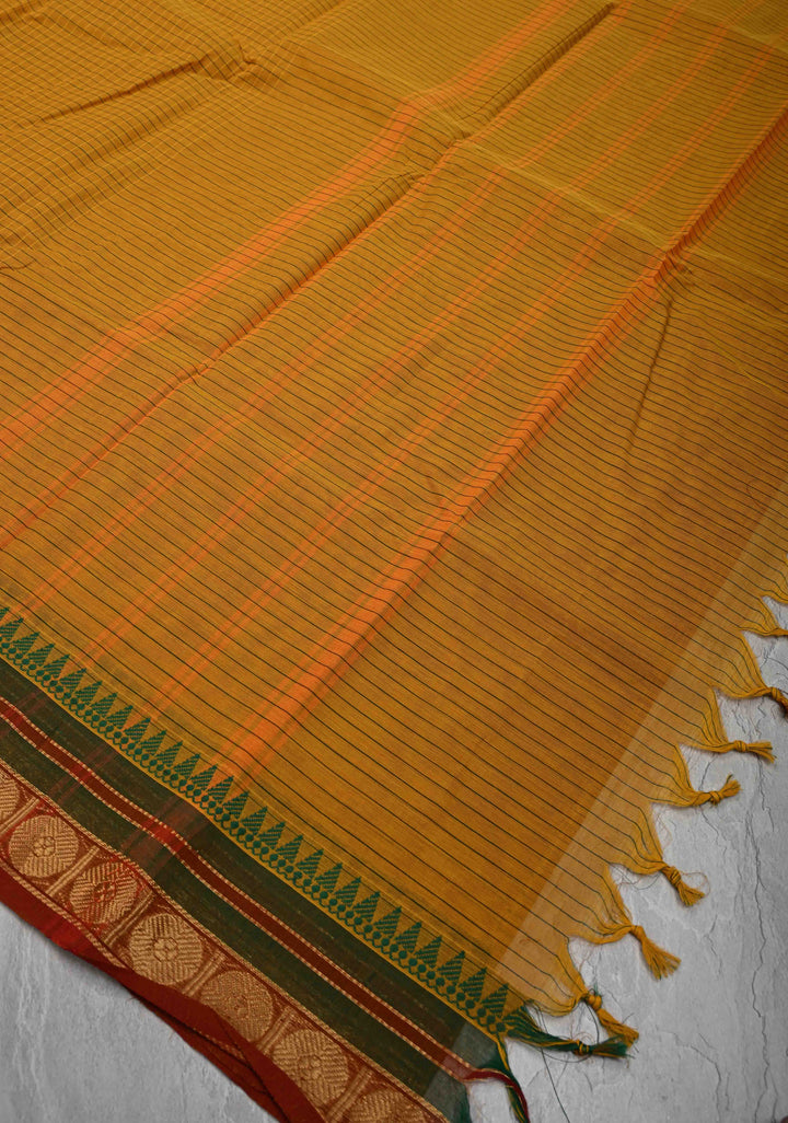 Mustard Kanchi Cotton Saree with Checks Pattern and Zari Border, No Blouse piece