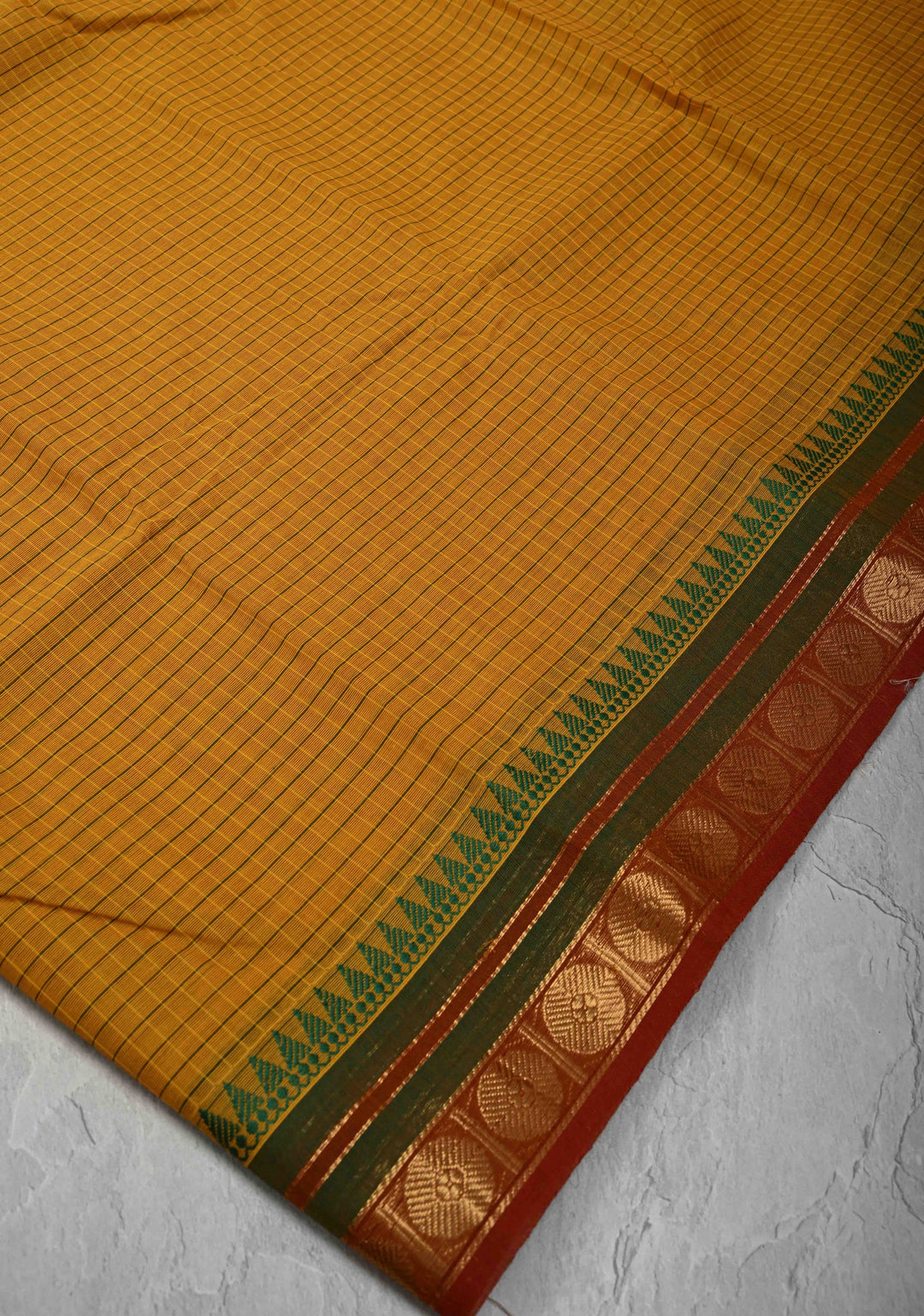 Mustard Kanchi Cotton Saree with Checks Pattern and Zari Border, No Blouse piece