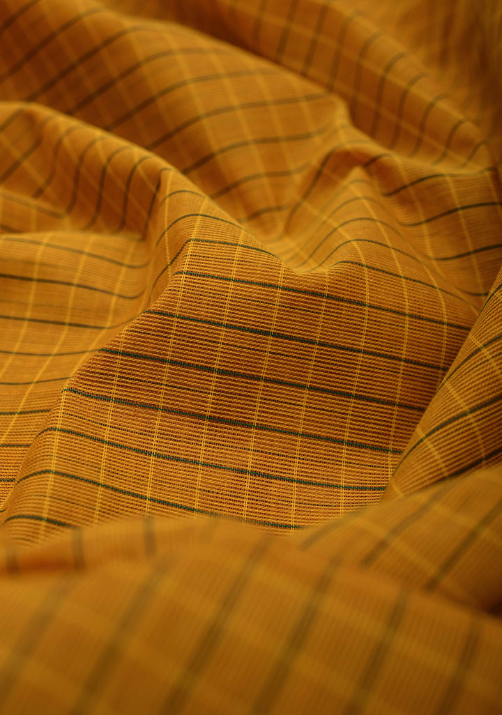 Mustard Kanchi Cotton Saree with Checks Pattern and Zari Border, No Blouse piece