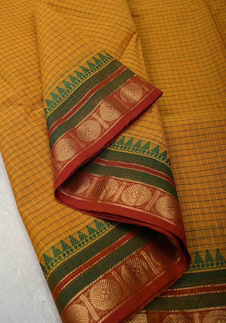 Mustard Kanchi Cotton Saree with Checks Pattern and Zari Border, No Blouse piece