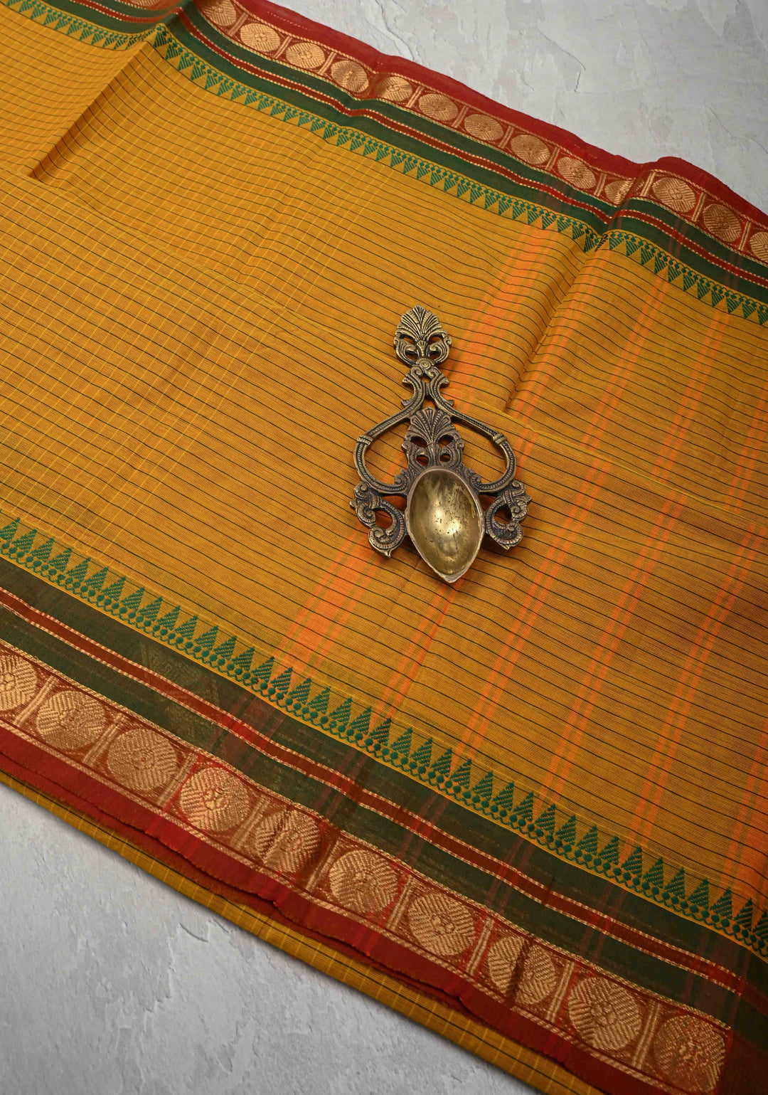 Mustard Kanchi Cotton Saree with Checks Pattern and Zari Border, No Blouse piece