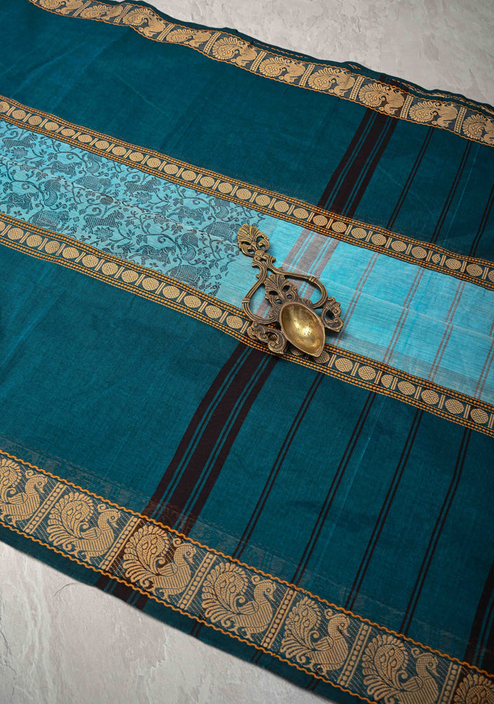 Pretty Chettinad Cotton Vanasingaram Panel Handwoven Saree in Sky Blue