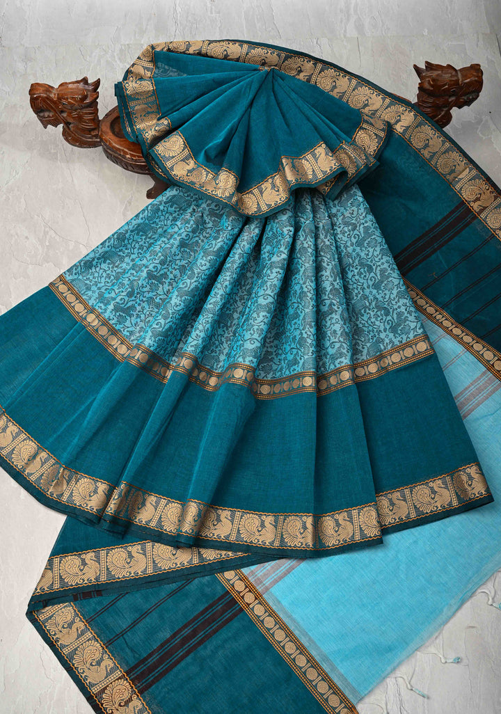 Pretty Chettinad Cotton Vanasingaram Panel Handwoven Saree in Sky Blue