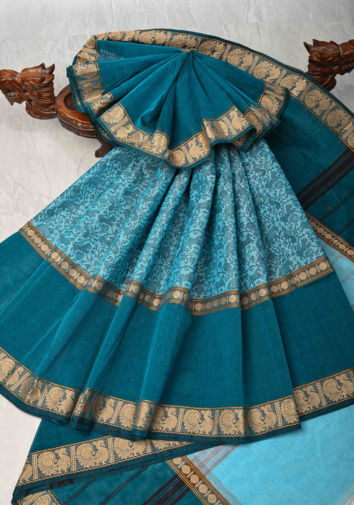 Pretty Chettinad Cotton Vanasingaram Panel Handwoven Saree in Sky Blue