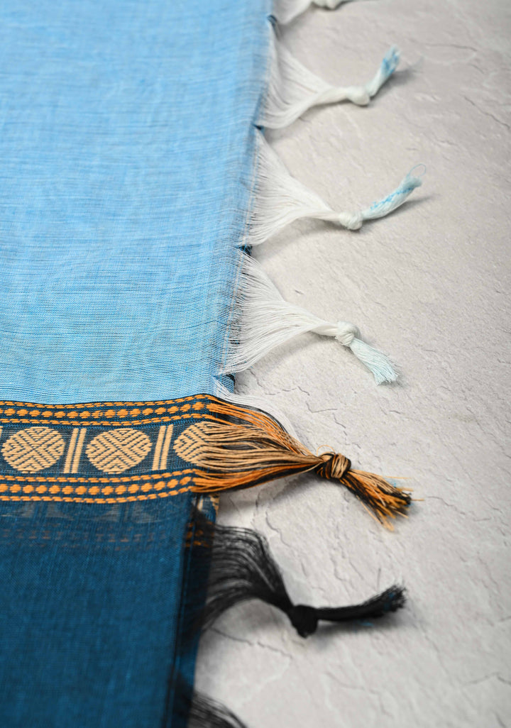 Pretty Chettinad Cotton Vanasingaram Panel Handwoven Saree in Sky Blue