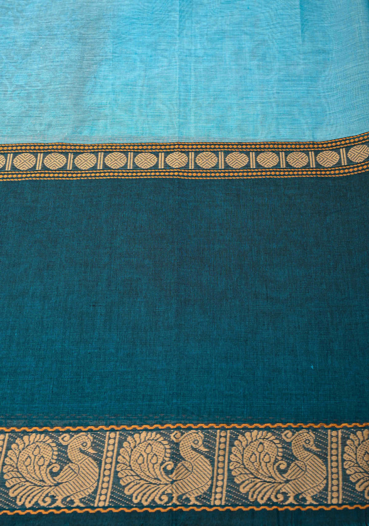 Pretty Chettinad Cotton Vanasingaram Panel Handwoven Saree in Sky Blue