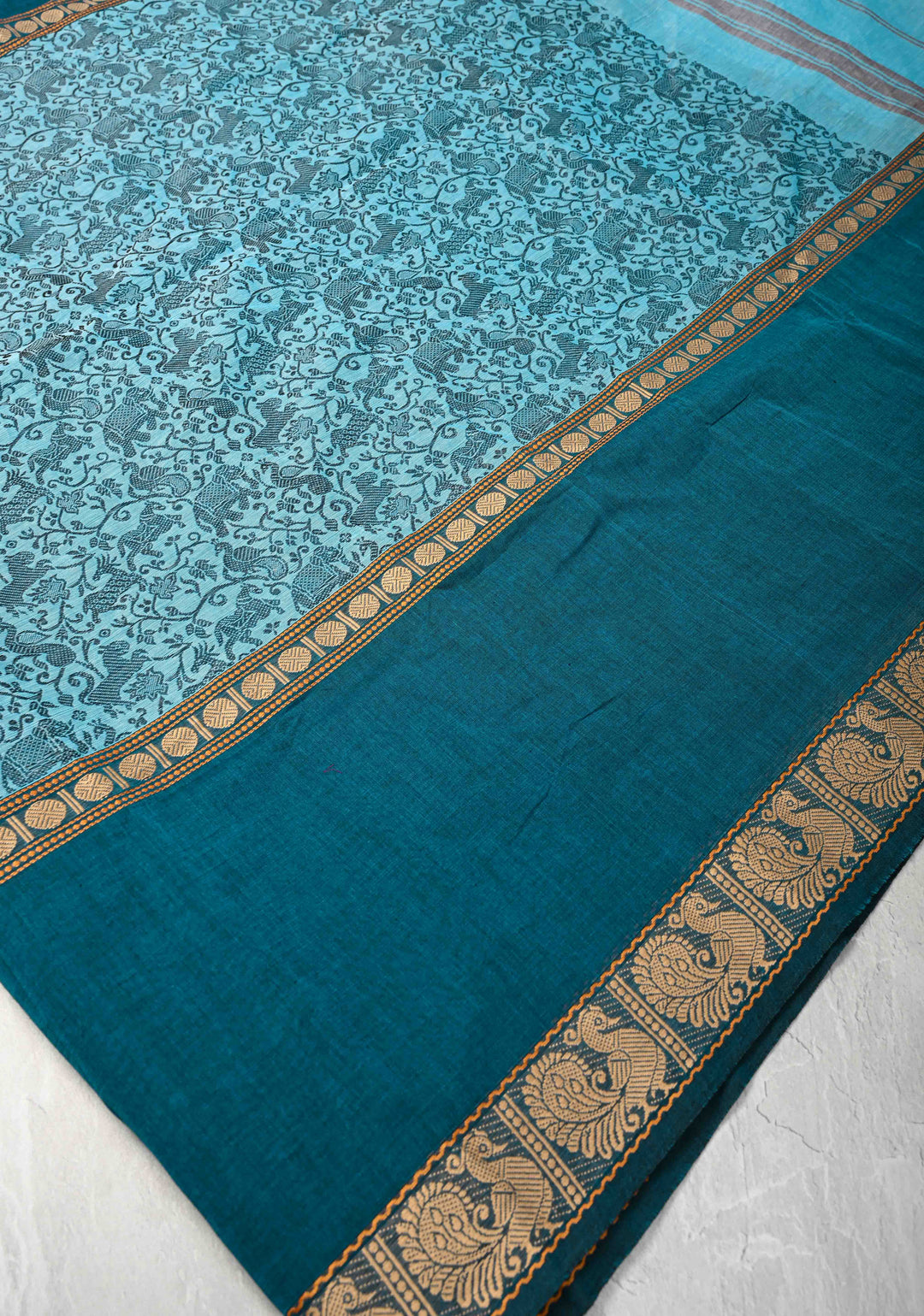Pretty Chettinad Cotton Vanasingaram Panel Handwoven Saree in Sky Blue
