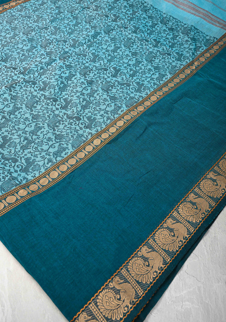 Pretty Chettinad Cotton Vanasingaram Panel Handwoven Saree in Sky Blue