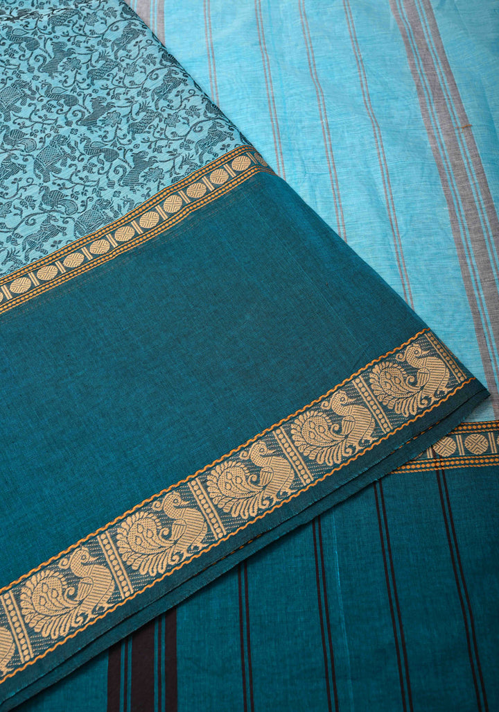 Pretty Chettinad Cotton Vanasingaram Panel Handwoven Saree in Sky Blue