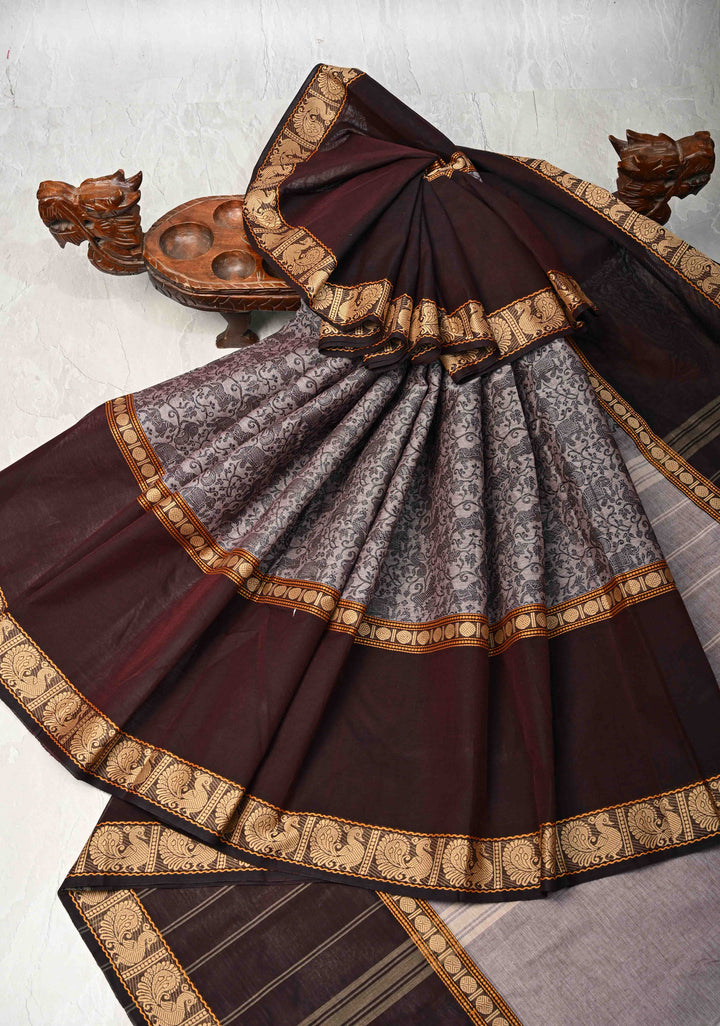 Pretty Chettinad Cotton Vanasingaram Panel Handwoven Saree in Ash Gray
