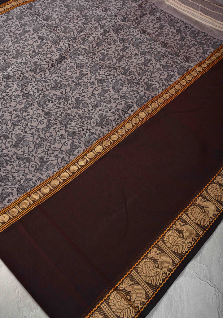 Pretty Chettinad Cotton Vanasingaram Panel Handwoven Saree in Ash Gray