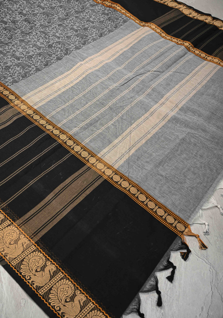 Pretty Chettinad Cotton Vanasingaram Panel Handwoven Saree in Gray