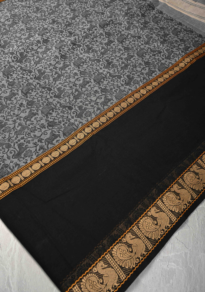 Pretty Chettinad Cotton Vanasingaram Panel Handwoven Saree in Gray